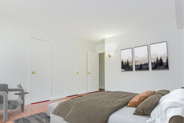 bedroom featuring hardwood / wood-style floors and multiple closets