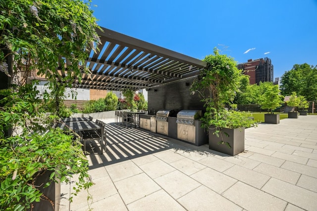 view of patio / terrace with an outdoor kitchen, a pergola, and grilling area