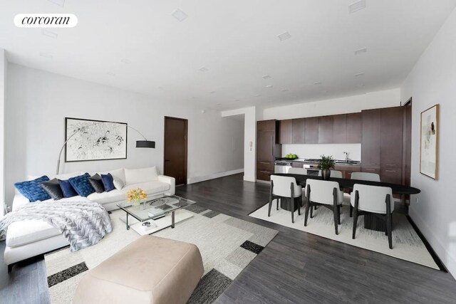 living room with dark hardwood / wood-style flooring and sink