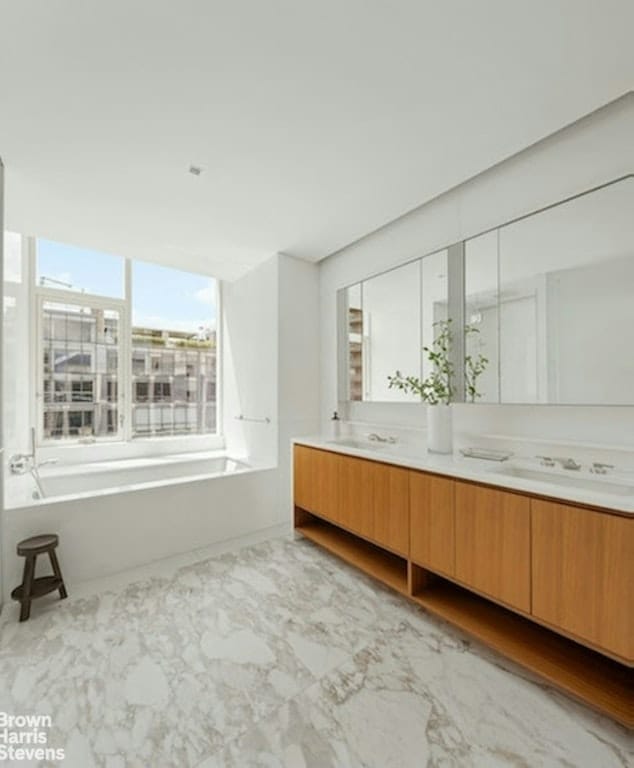 bathroom with a bathing tub, a wealth of natural light, and vanity