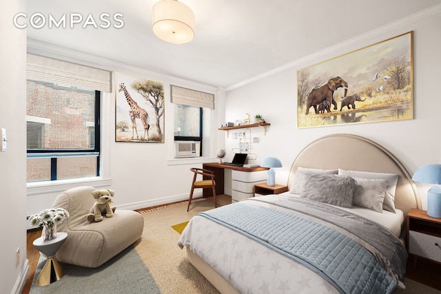 carpeted bedroom featuring cooling unit, baseboards, and crown molding