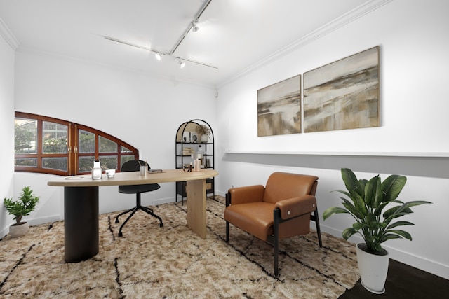 office space featuring rail lighting and crown molding