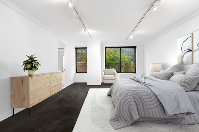 bedroom featuring ornamental molding, rail lighting, and baseboards