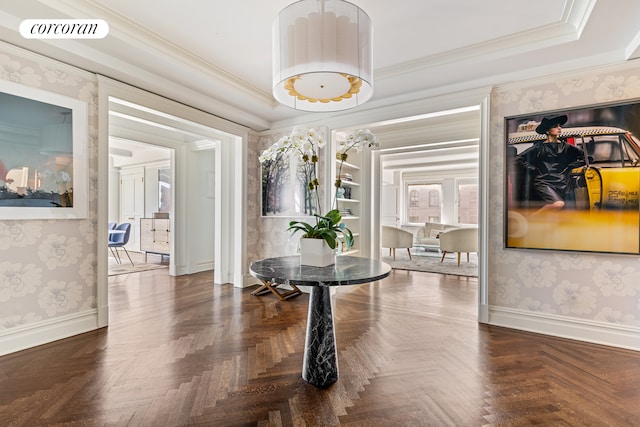 hallway featuring visible vents, wallpapered walls, crown molding, and baseboards