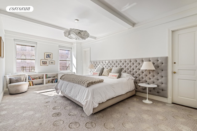 bedroom with beamed ceiling, carpet flooring, baseboards, and visible vents