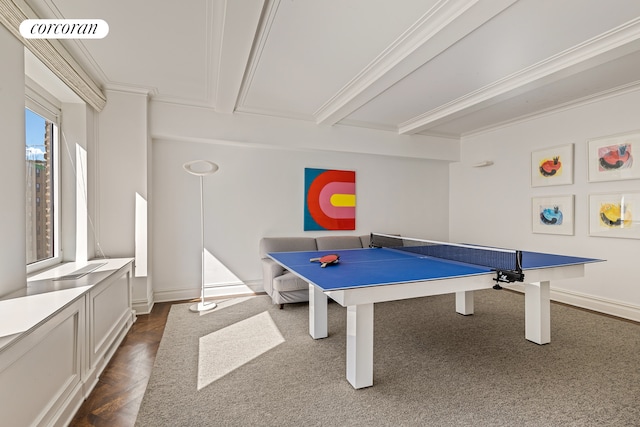 game room with beam ceiling, visible vents, crown molding, and baseboards