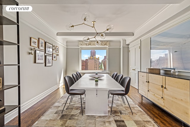 dining area with crown molding and dark hardwood / wood-style flooring