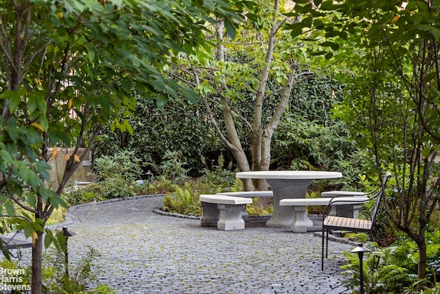 view of community featuring a patio area and a water view