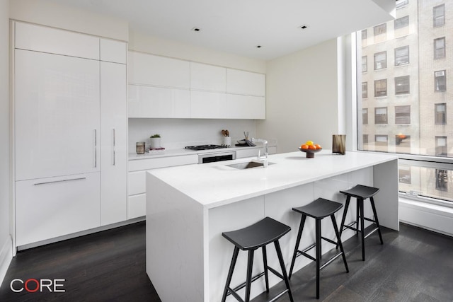 kitchen with dark hardwood / wood-style floors, sink, a center island with sink, and white cabinets