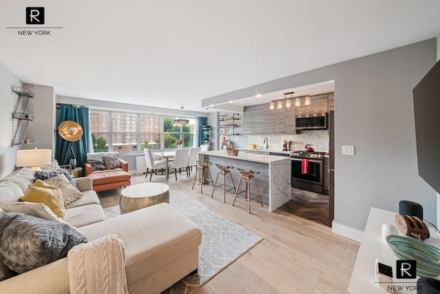 living room with light hardwood / wood-style floors and sink