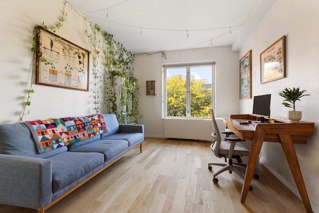 office space featuring rail lighting and light wood finished floors