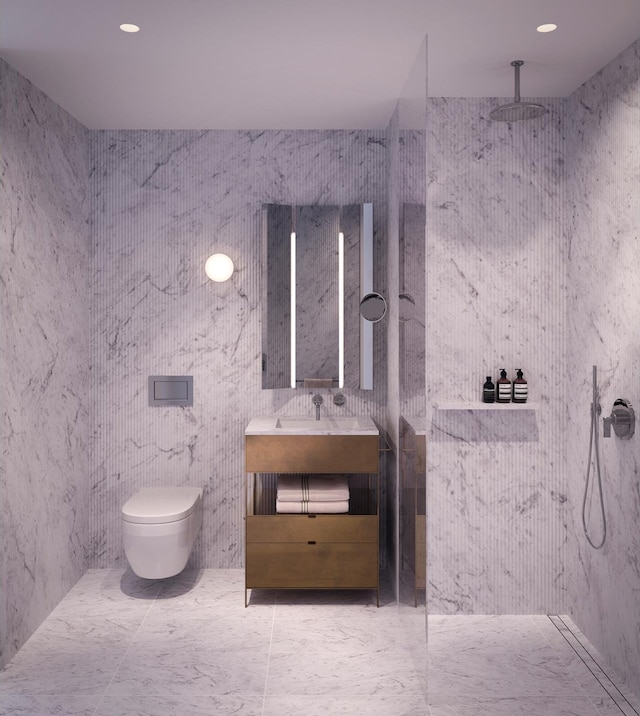 bathroom with a shower, toilet, and vanity