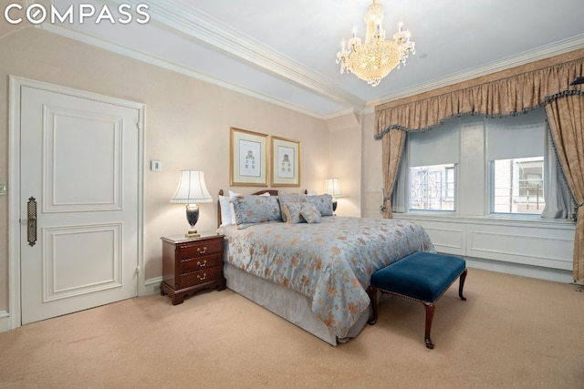 bedroom with a notable chandelier, ornamental molding, and carpet flooring