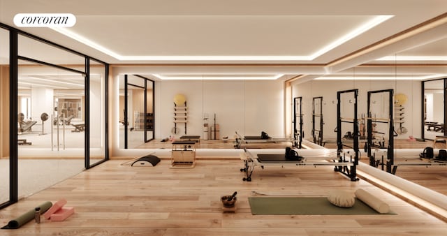 exercise room with a tray ceiling and wood-type flooring