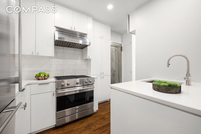 kitchen featuring stainless steel range with electric stovetop, under cabinet range hood, tasteful backsplash, white cabinets, and light countertops