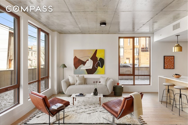 living area with visible vents and wood finished floors