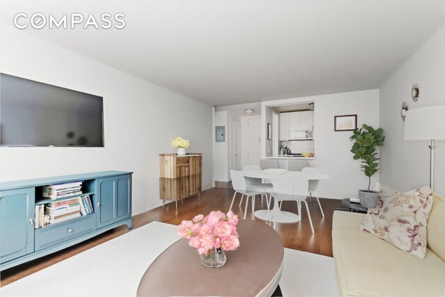 living room featuring electric panel and dark wood-style flooring