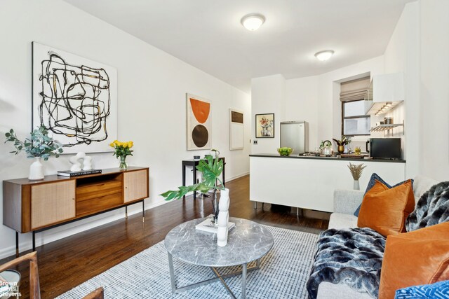 living area featuring baseboards and wood finished floors