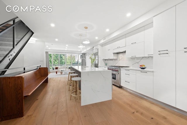 kitchen with light wood-type flooring, white cabinets, modern cabinets, and high end stainless steel range