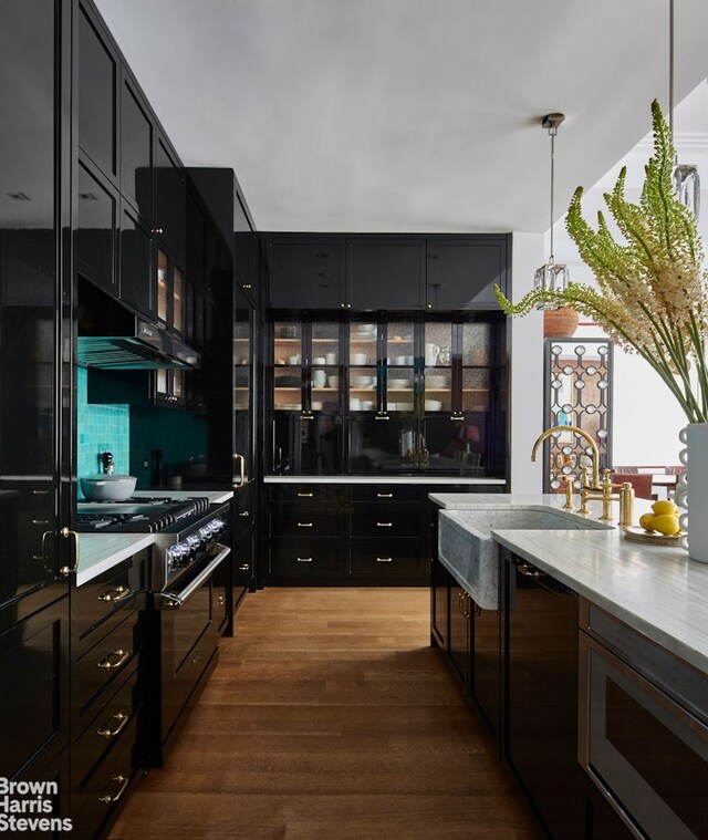 kitchen featuring appliances with stainless steel finishes, dark wood-type flooring, under cabinet range hood, glass insert cabinets, and dark cabinetry