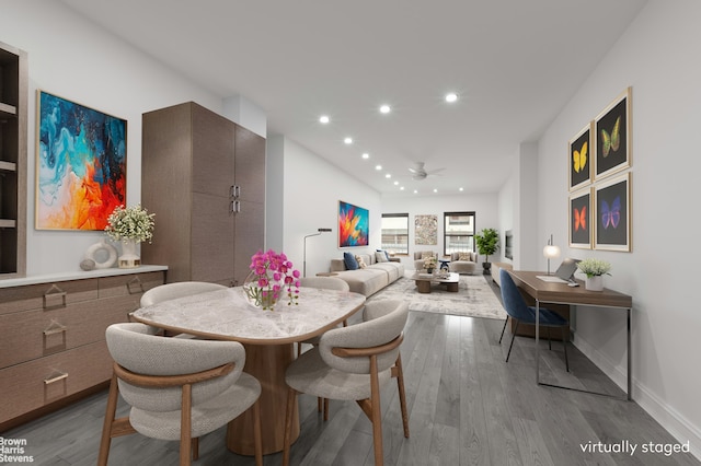 dining area featuring wood finished floors, recessed lighting, a ceiling fan, and baseboards