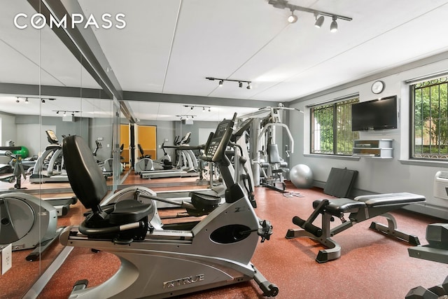 workout area featuring plenty of natural light and rail lighting