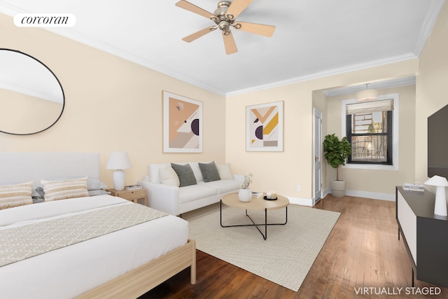 bedroom featuring crown molding, hardwood / wood-style floors, and ceiling fan