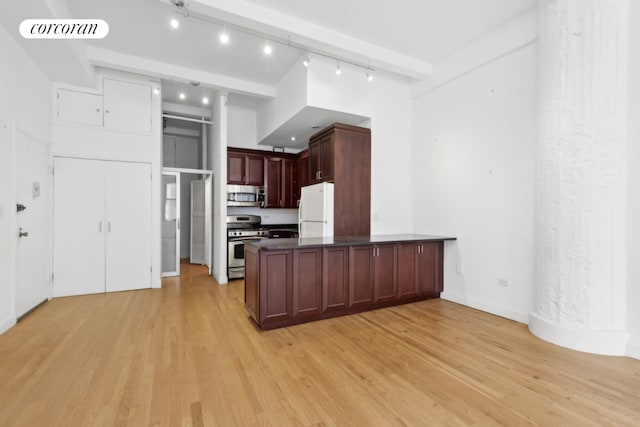 kitchen with rail lighting, appliances with stainless steel finishes, a high ceiling, light hardwood / wood-style floors, and beamed ceiling