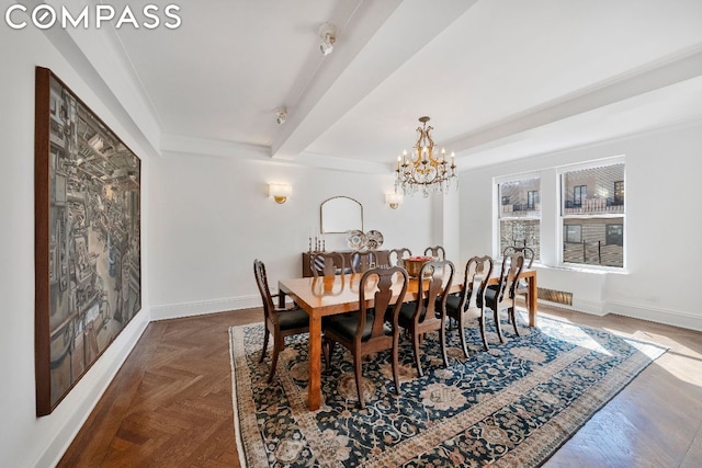 dining room featuring dark parquet floors, a chandelier, and beamed ceiling