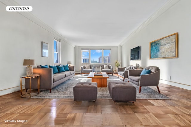 living room featuring parquet flooring and ornamental molding