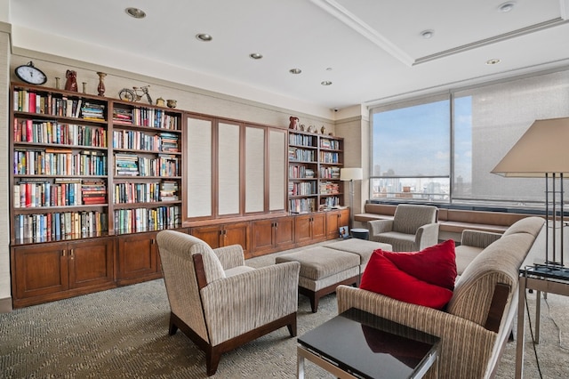 sitting room with light colored carpet