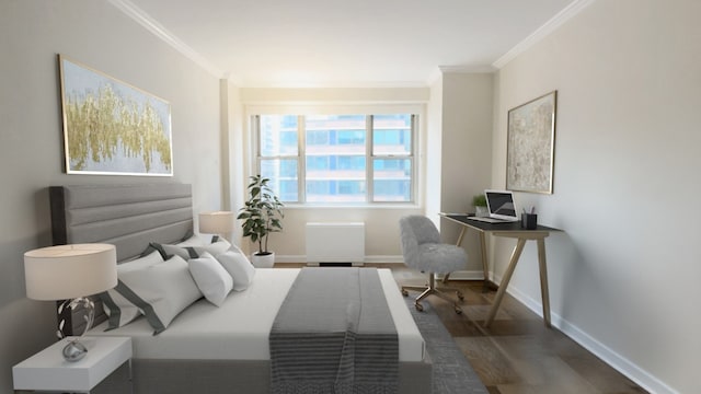 bedroom with dark hardwood / wood-style flooring and ornamental molding