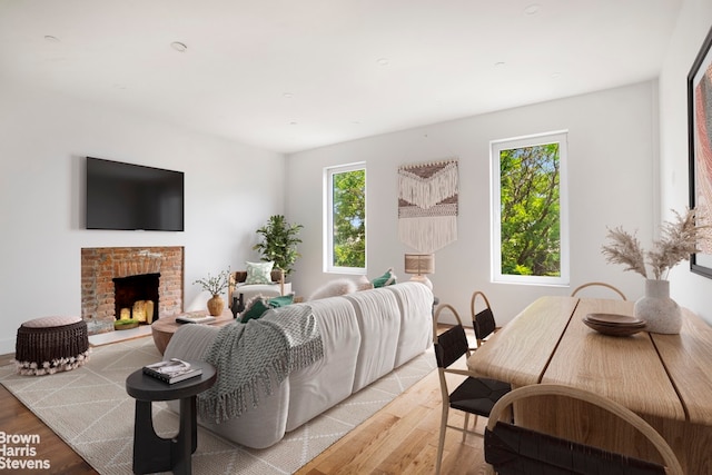 living room with a fireplace and light hardwood / wood-style floors