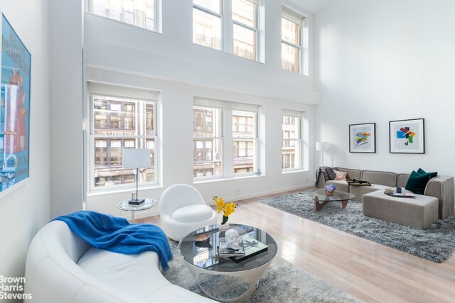 living room featuring wood-type flooring and a towering ceiling