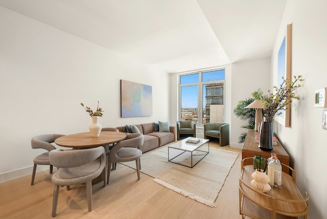 living room featuring floor to ceiling windows and light hardwood / wood-style floors