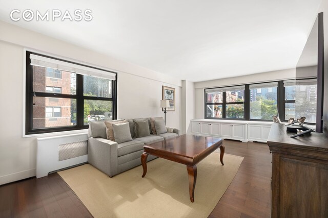 living room with plenty of natural light and dark hardwood / wood-style flooring