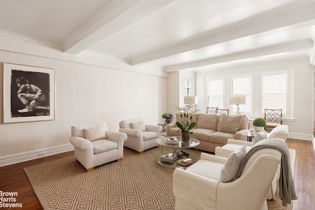 living room featuring wood finished floors, beam ceiling, and baseboards