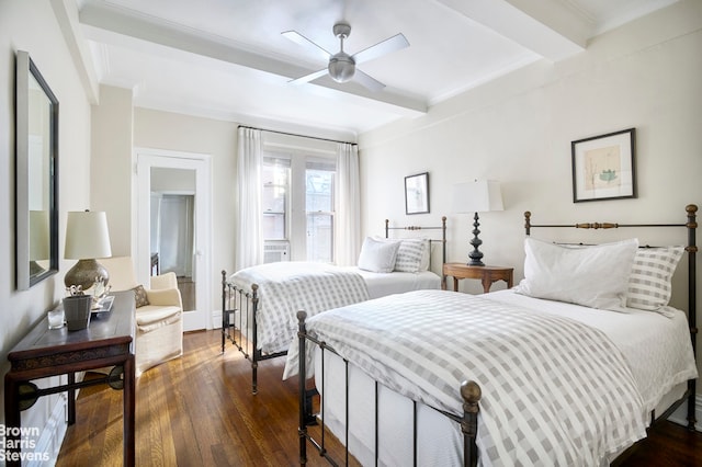 bedroom with dark wood-style floors, crown molding, a ceiling fan, and beamed ceiling