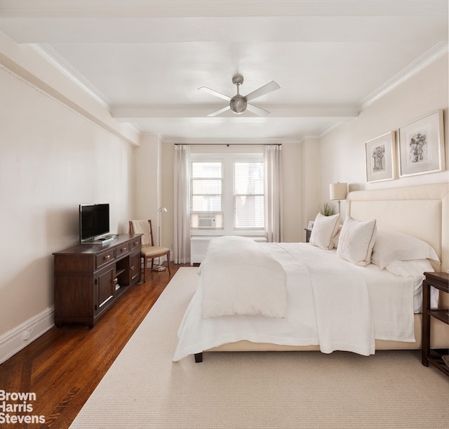 bedroom with ornamental molding, dark wood-type flooring, and beamed ceiling