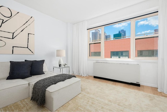 bedroom with light hardwood / wood-style flooring and radiator heating unit