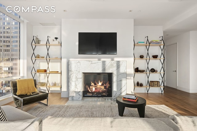 living room with a fireplace and wood finished floors