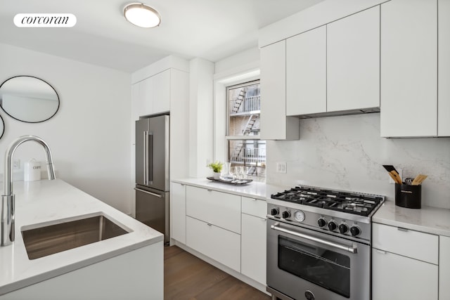 kitchen with visible vents, backsplash, high quality appliances, white cabinets, and modern cabinets