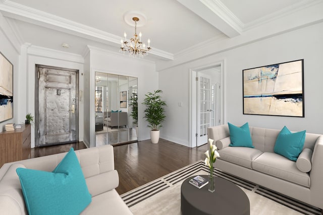 living room with baseboards, ornamental molding, wood finished floors, an inviting chandelier, and beam ceiling