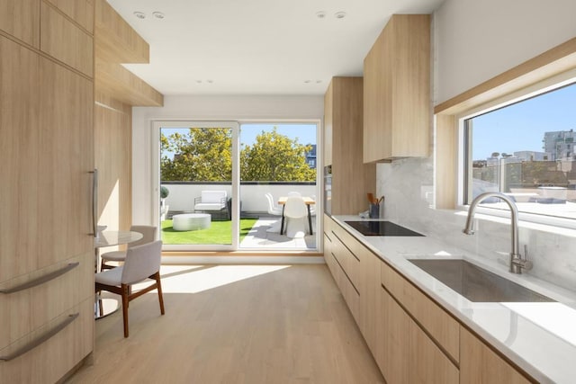 kitchen with tasteful backsplash, sink, black electric stovetop, light stone countertops, and light hardwood / wood-style flooring