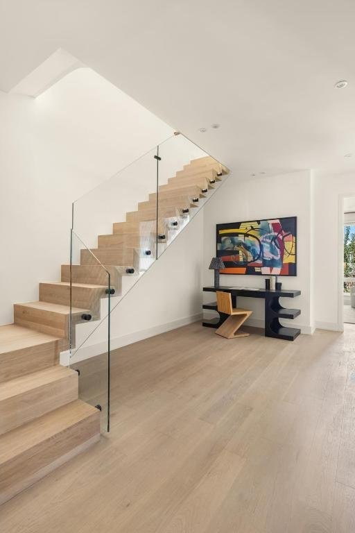 basement with wood-type flooring