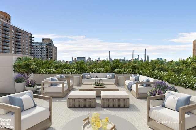 view of patio / terrace featuring a city view and outdoor lounge area