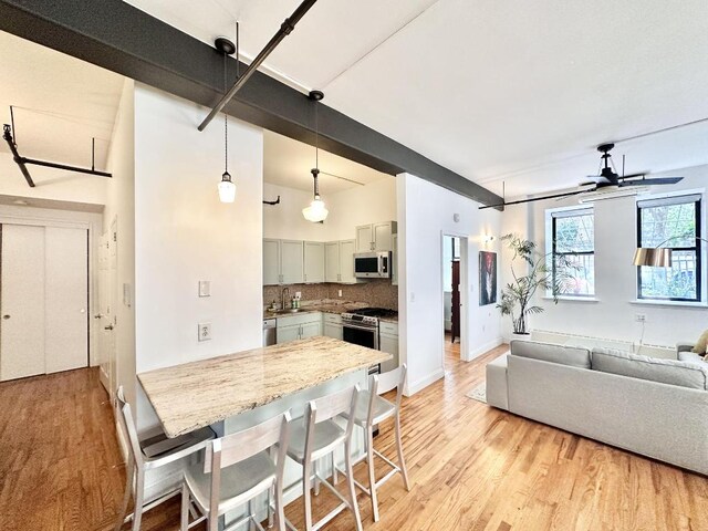 kitchen featuring a sink, open floor plan, appliances with stainless steel finishes, light wood-type flooring, and tasteful backsplash