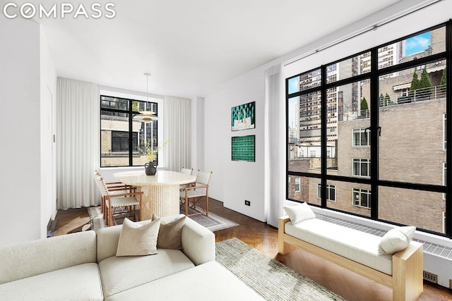 living room featuring hardwood / wood-style flooring, radiator heating unit, and a wealth of natural light