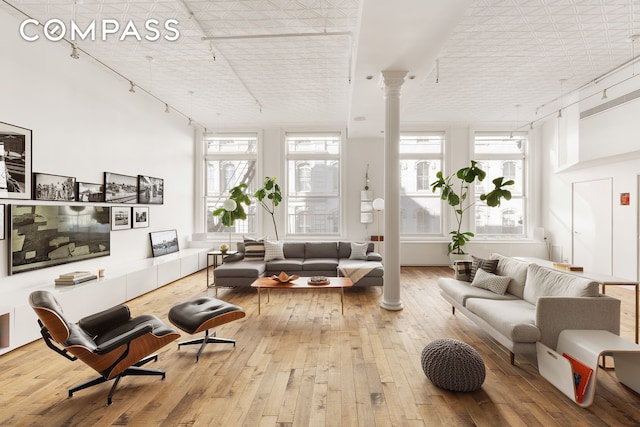 living area featuring plenty of natural light, hardwood / wood-style floors, rail lighting, and ornate columns