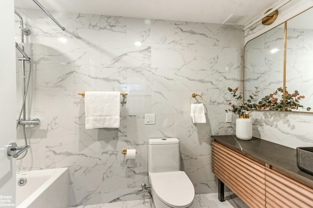 bathroom featuring stone wall, shower / tub combination, toilet, vanity, and visible vents